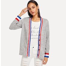 Shein Striped Tape Panel Single Breasted Sweater