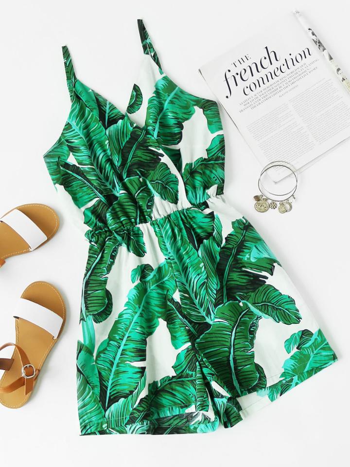 Shein Banana Leaves Print Random Surplice Cami Romper