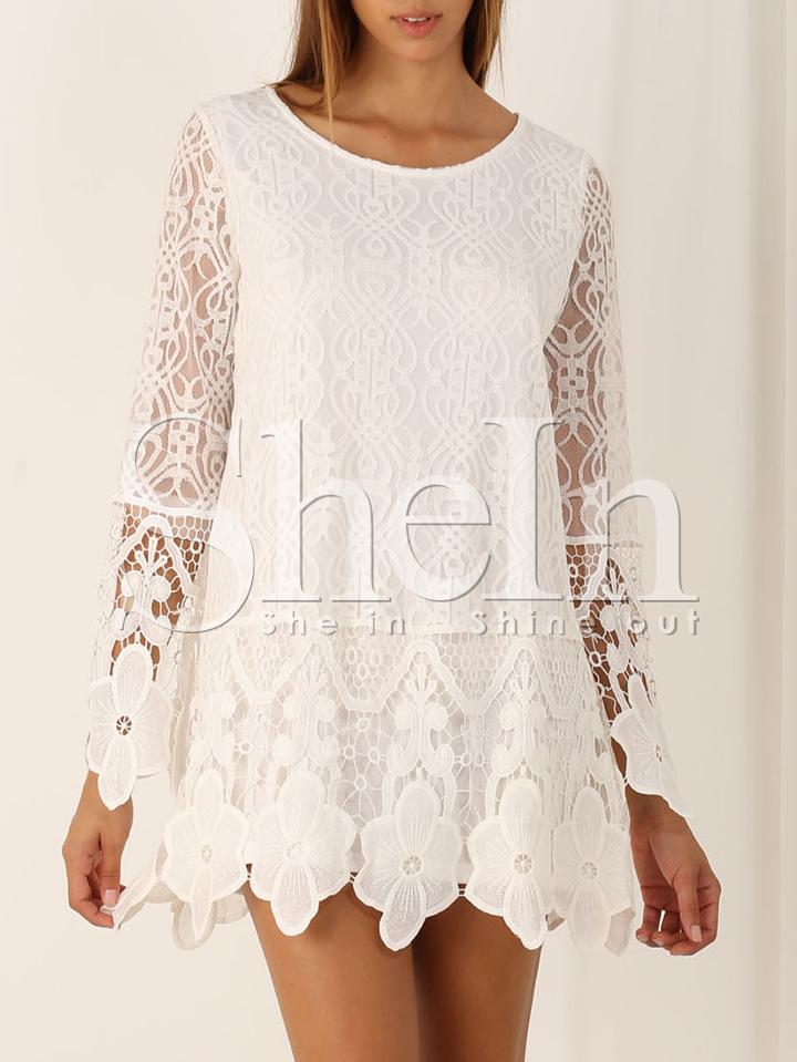 Shein White Long Sleeve Crochet Lace Dress
