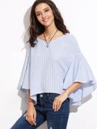 Shein Blue Striped Tied V Back Oversized Bell Sleeve Top