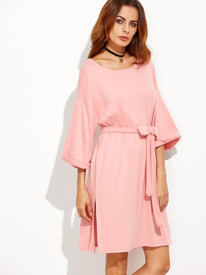Shein Pink Drop Shoulder Slit Side Cuffed Dress With Belt