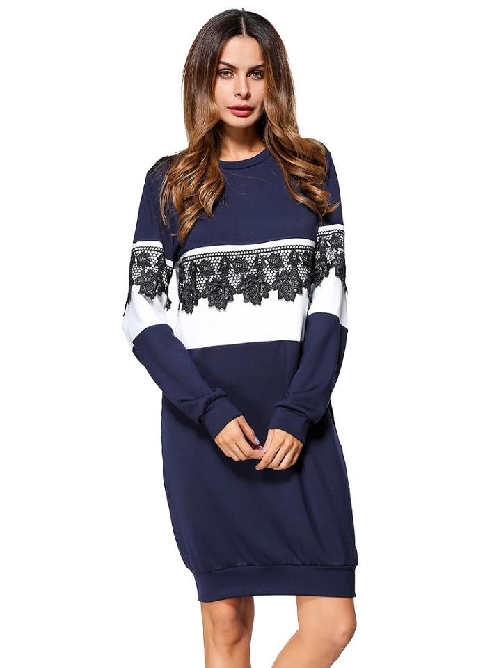 Shein Color Block Rose Embroidered Applique Sweatshirt Dress
