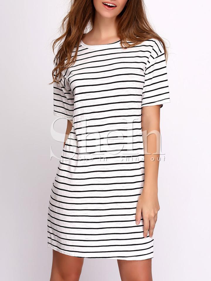 Shein Breton Stripe Short Sleeve Round Neck Dress