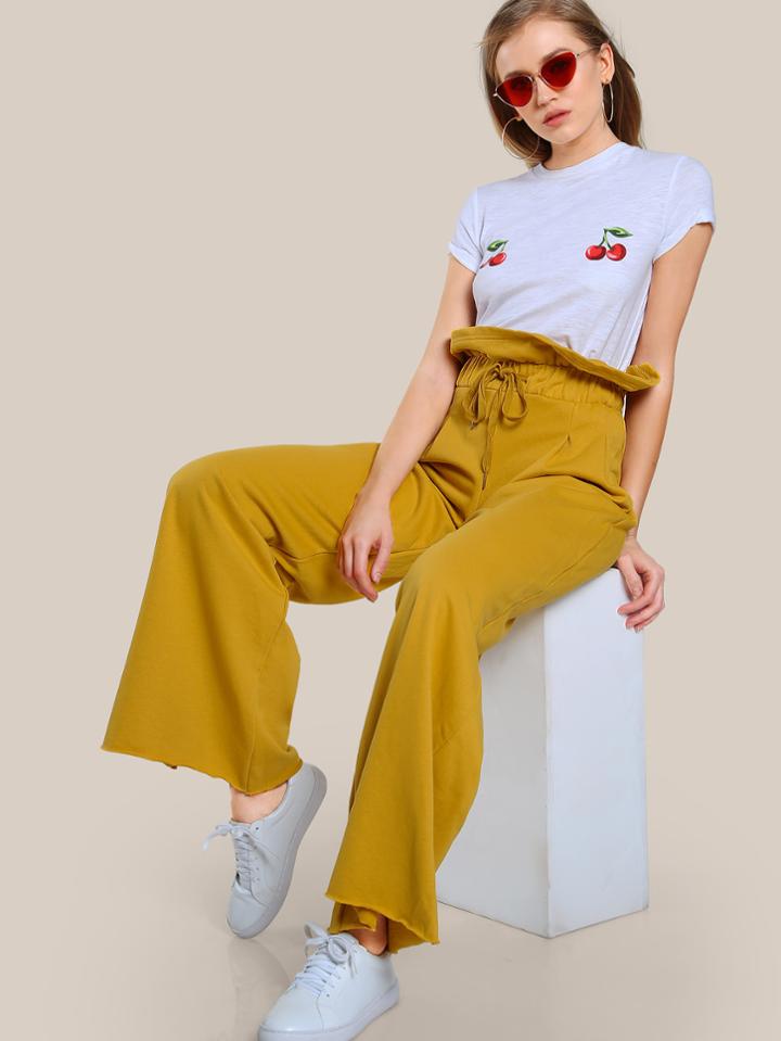 Shein Ruffle Waist Raw Hem Wide Leg Jogger
