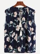 Shein Navy Florals Lace Up Blouse