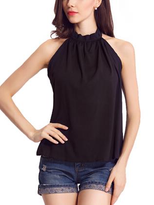 Shein Black Stand Collar Chiffon Tank Top