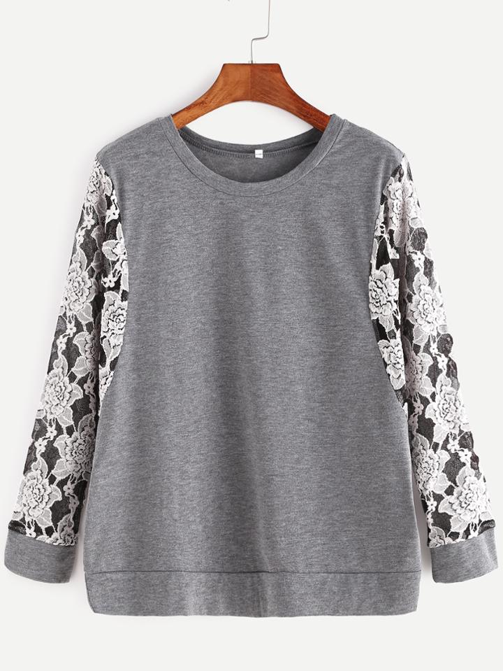 Shein Grey Contrast Flower Embroidered Lace Sleeve Sweatshirt