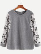 Shein Grey Contrast Flower Embroidered Lace Sleeve Sweatshirt