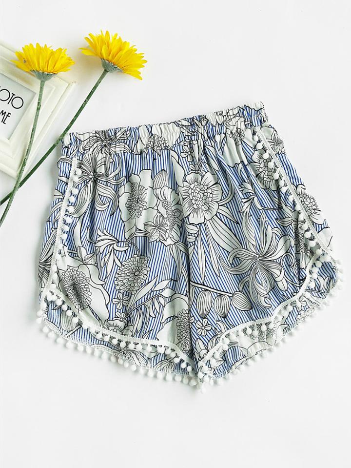 Shein Floral Print Striped Pompom Trim Shorts