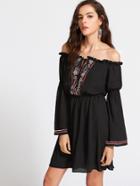 Shein Black Tied Off The Shoulder Bell Sleeve Embroidered Dress