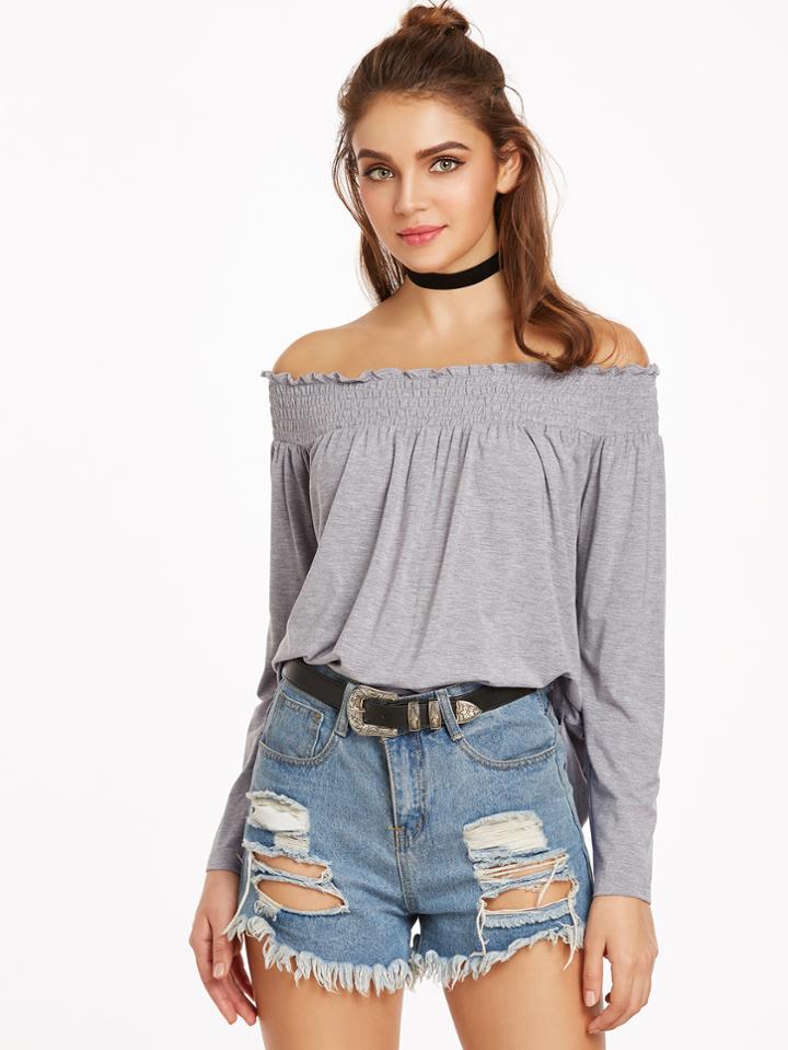 Shein Heather Grey Smocked Off The Shoulder T-shirt