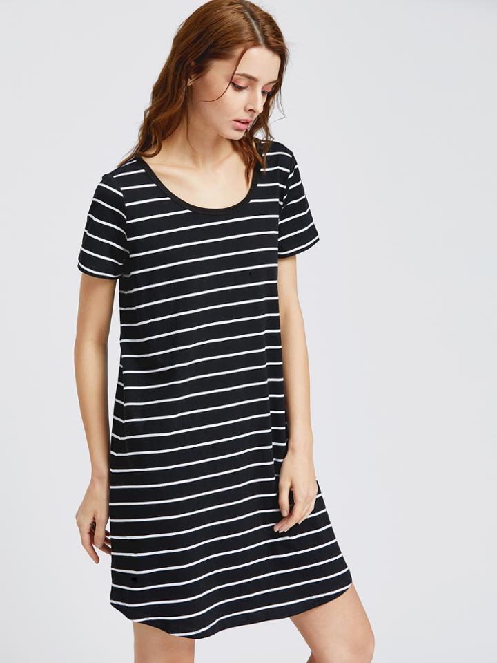 Shein Black White Striped Scoop Neck Curved Hem Tee Dress