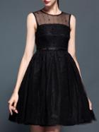 Shein Black Organza Beading Contrast Lace A-line Dress