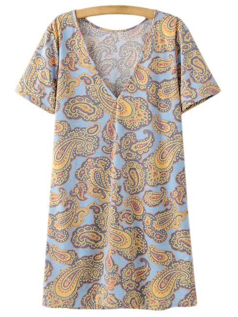 Shein Multicolor Short Sleeve V Neck Cashew Flowers Print Dress