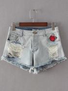 Shein Blue Patch Embroidery Ripped Detail Denim Shorts