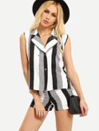 Shein Sleeveless Notch Lapel Striped Top With Shorts