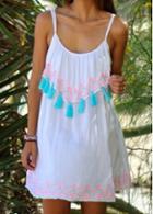 Rosewe Spaghetti Strap Tassel Decorated White Shift Dress