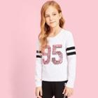 Shein Girls Sequin Number Striped Sleeve Tee