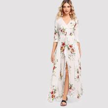 Shein Smocked Waist Tassel Tie Button Up Floral Dress