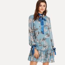 Shein Ribbon Tied Cuff Frill Trim Floral Dress