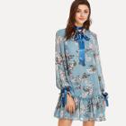 Shein Ribbon Tied Cuff Frill Trim Floral Dress