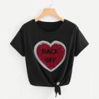 Shein Knot Hem Sequin Heart T-shirt
