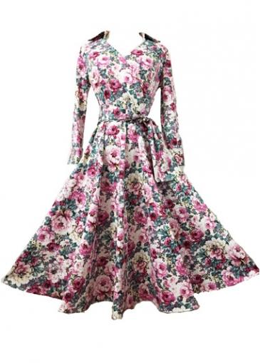 Rosewe Vintage Flower Print Turndown Collar Flare Dress
