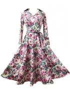 Rosewe Vintage Flower Print Turndown Collar Flare Dress