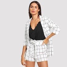 Shein Plaid Blazers With Self Tie Waist Shorts
