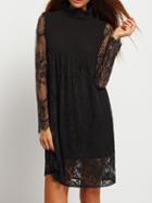 Shein Black Frill Neck Lace Ruched Dress
