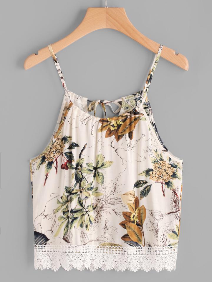Shein Floral Print Lace Hem Tie Back Cami Top