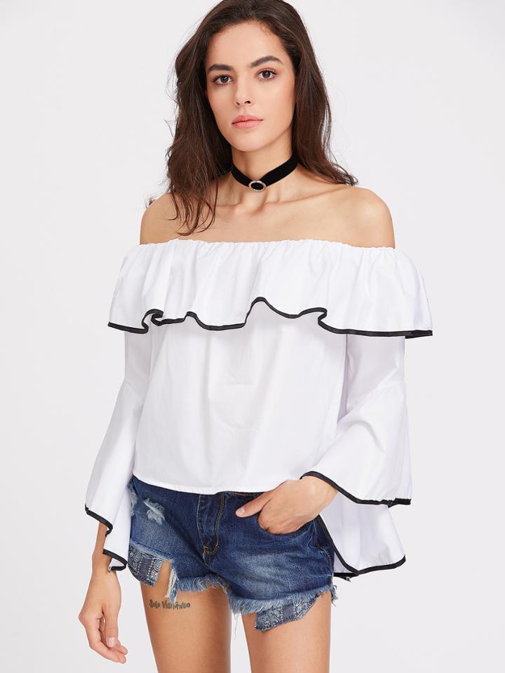 Shein Flounce Layered Neckline Contrast Binding Blouse
