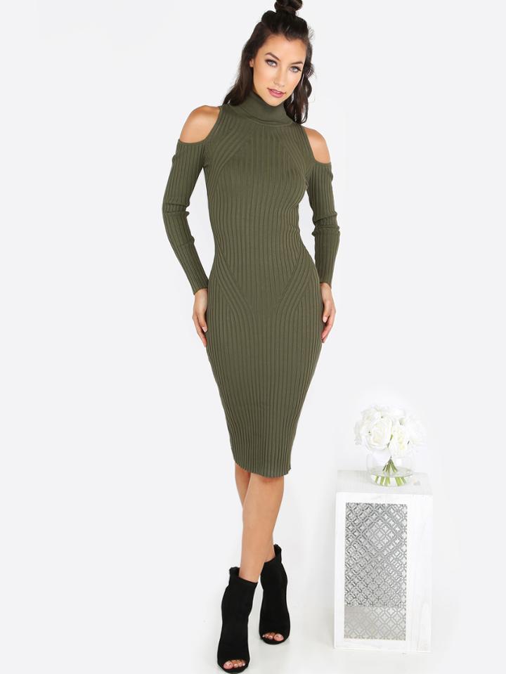 Shein Turtleneck Sleeved Cold Shoulder Midi Dress Olive