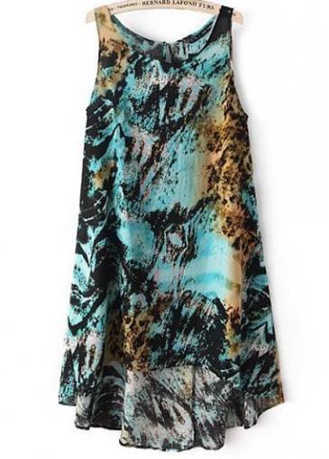 Rosewe Chic High Low Hen Round Neck Print Dress For Woman