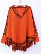 Shein Orange V Neck Batwing Tassel Loose Knitwear