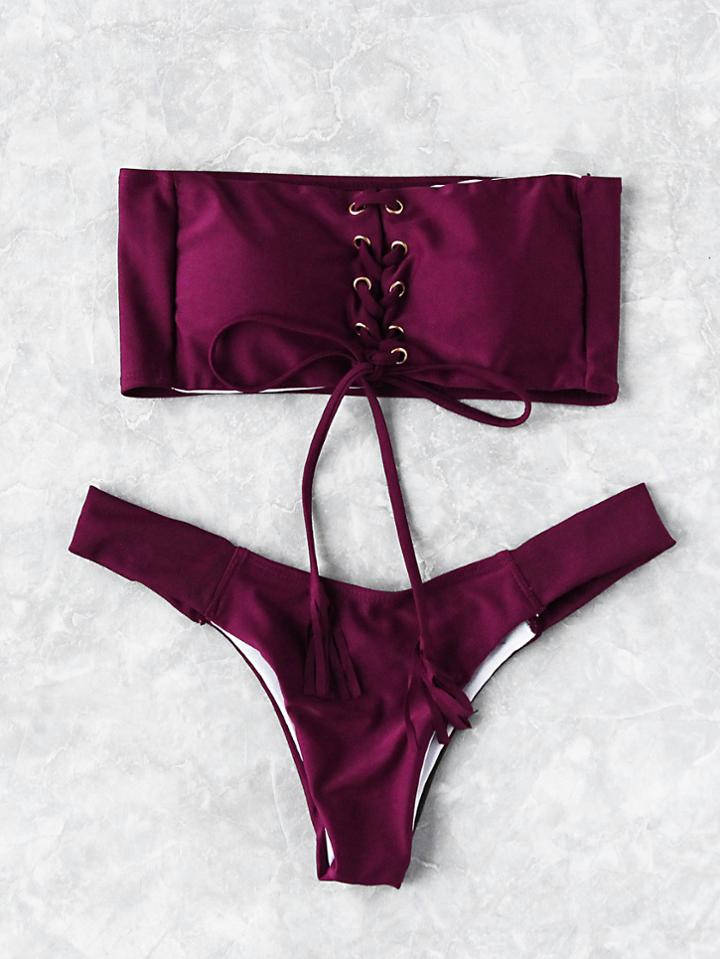 Shein Bandeau Lace Up Front Bikini Set