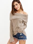 Shein Khaki Off The Shoulder Foldover Knit T-shirt