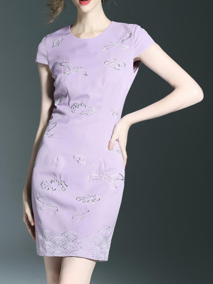 Shein Purple Cap Sleeve Embroidered Sheath Dress