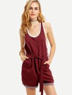 Shein Burgundy Sleeveless Pockets Waistband Jumpsuit