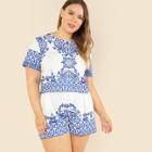Shein Plus Graphic Print Crop Top & Shorts Set