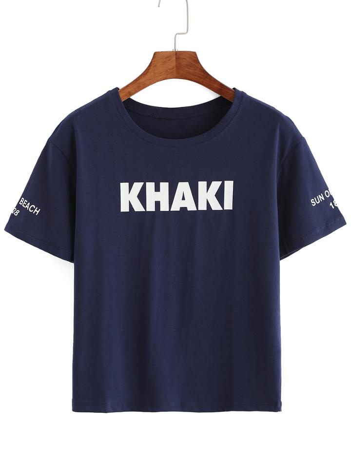 Shein Navy Short Sleeve Letters Print T-shirt
