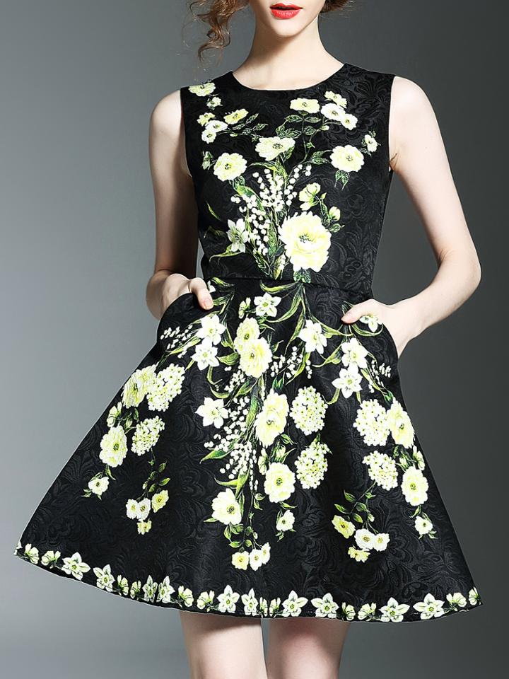 Shein Black Flowers Print Jacquard Pockets A-line Dress