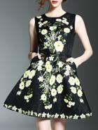 Shein Black Flowers Print Jacquard Pockets A-line Dress