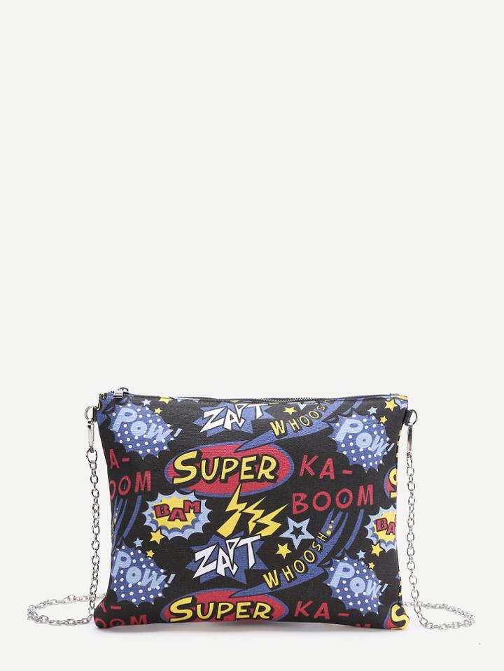 Shein Multicolor Letter Print Shoulder Bag With Chain