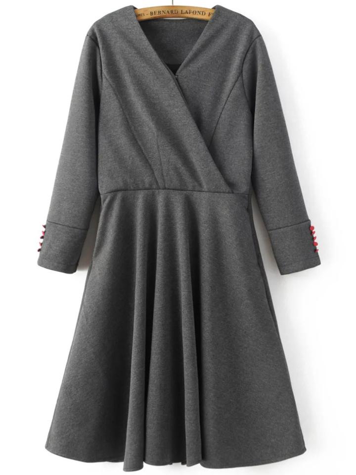 Shein Grey V Neck Button Sleeve Wrap Dress