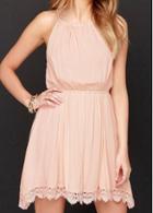Rosewe Elastic Waist Lace Patchwork Pink Mini Dress