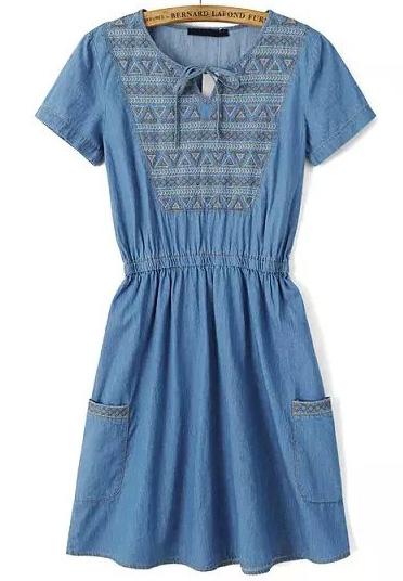 Shein Blue Cowgirls Short Sleeve Embroidered Pleated Denim Dress
