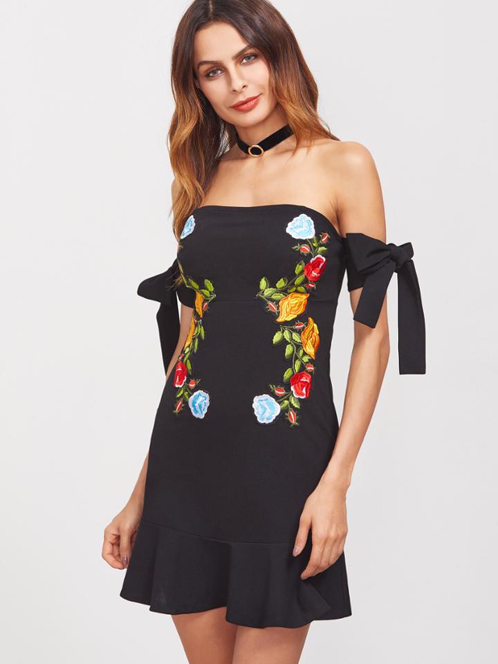 Shein Black Off The Shoulder Tie Sleeve Ruffle Hem Embroidered Applique Dress