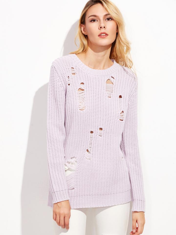 Shein Pink Ripped Round Neck Textured Sweater