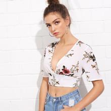Shein Deep V Neckline Floral Print Top